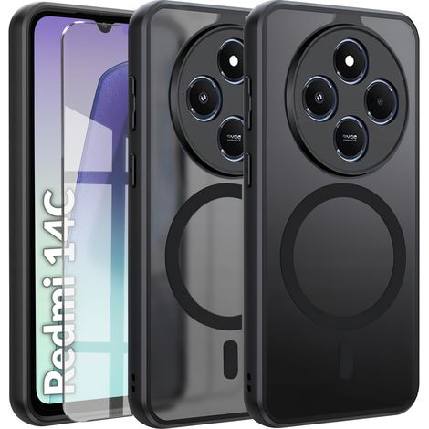 Coque pour Xiaomi Redmi 14C / Xiaomi Poco C75, compatible MagSafe, finition mate, noire + protection d'écran en verre trempé (1/5)