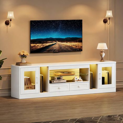 Meuble TV de 180 cm avec tiroirs et éclairage, meuble bas pour télévision de 55 à 65 pouces, étagère en verre réglable, salon/chambre à coucher, blanc (1/5)