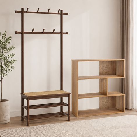 Conjunto de almacenamiento para el recibidor y la sala de lectura 2 piezas estanteria concava de madera de 3 estantes y banco zapatero de bambu 227458881 227458881 (1/5)