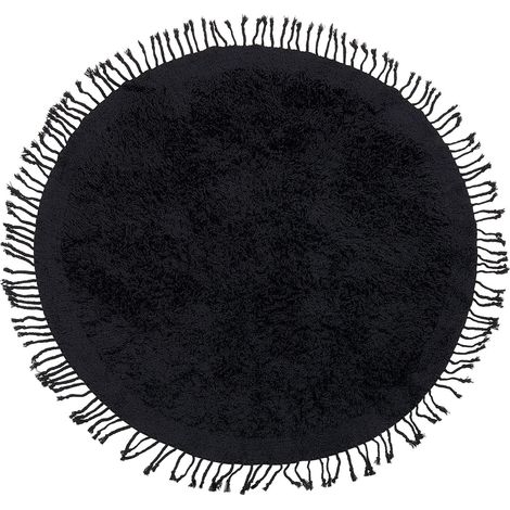 Tapis en Coton Noir ø 140 cm de Diamètre Poils Hirsutes avec Franges Doux Bitlis