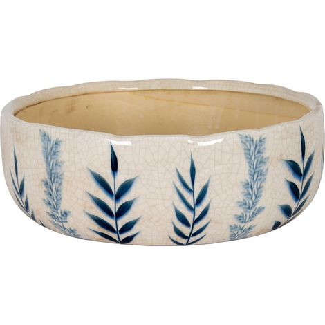 Large Blue Flora Bowl Pot - Ceramic - L30 x W30 x H11 cm - White