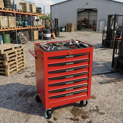 Carrello portautensili mobile in acciaio con 7 cassetti, chiusura a chiave e ruote, rosso e nero (1/5)