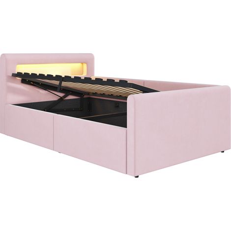 Cama infantil tapizada 90x200 cm rosa con LED, USB, arcón hidráulico y estante (1/5)