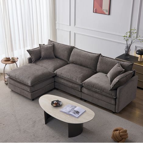 Divano angolare a 3 posti in ciniglia grigio 267 x 154 x 85 cm con pouf mobile DESVIAE (1/5)