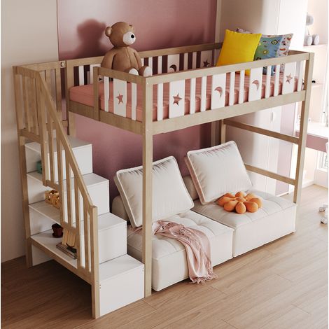 Hochbett 90x200 cm Weiß/Natur aus Massivholz mit Treppe, Stauraumregal und Stern-Mond-Ausschnitten (1/5)