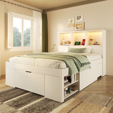 Lit fonctionnel 90x200 cm avec rangement et table de chevet mobile, éclairage LED, USB-C, tiroirs et étagères, sans matelas, blanc (1/5)