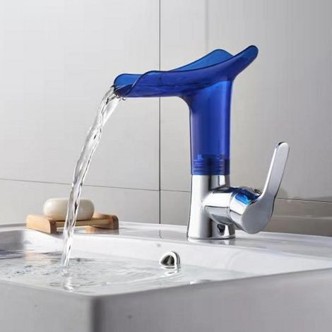 Lavabo de cobre con efecto cascada, agua fría y caliente, lavabo para baño, grifo para encimera, color azul. (1/5)