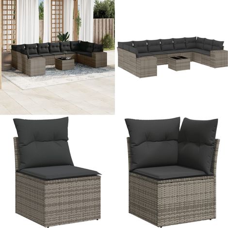 11-tlg. Garten-Sofagarnitur mit Kissen Grau Poly Rattan - Gartenmöbel - Esszimmergarnituren - Outdoor Möbel - Lounge Set - Rattan Gartenmöbel - Home & Living