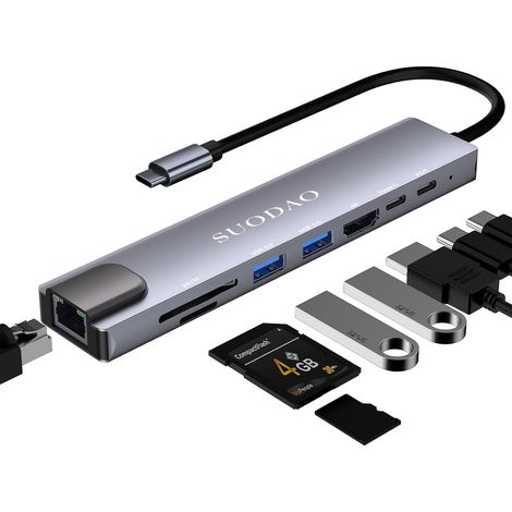 Adaptateur multiport USB C, station d'accueil 8 en 1 USB C avec écran HDMI 4K, PD 100 W, lecteur de carte SD/TF, Ethernet RJ45, USB 3.0/2.0, station d'accueil USB de type C pour MacBook Pro, (1/5)