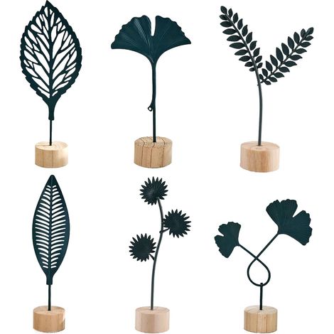 Décoration Nordique Métallique Plante avec Socle en Bois, Forme Simples de Feuilles et Fleurs, Petit Sculpture pour Bureau et Maison, Ornement de Table (1/5)