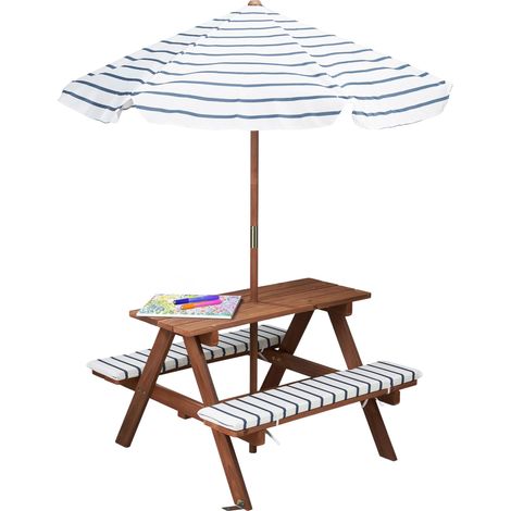 Picknicktisch aus Holz ab 2 Jahren mit Sonnenschirm und Sitzpolster - 75 x 75 cm - Garten Kindersitzgarnitur langlebig für draußen belastbar bis 80 kg