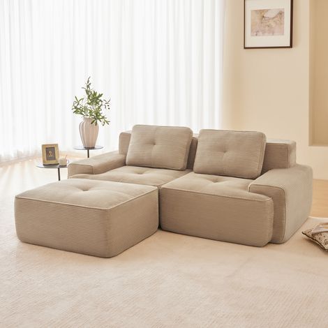 Modulares 2-Sitzer-Ecksofa aus Cord mit 1 Hocker, rahmenlos, 32D-Elastik, extra tiefe Sitzflächen, 204 x 177 x 69 cm, beige