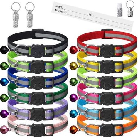 Collier pour chat avec clochette - 12 pièces, colliers réfléchissants de couleurs mélangées pour chats ou petits chiens, nylon souple, tour de cou de 7,8 à 13 pouces (1/4)