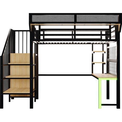 Lit mezzanine en métal 90 × 200 cm, avec bureau, étagère et filet de rangement, complet avec échelle de sécurité, éclairage LED et prise, garde-corps surélevé, noir (1/5)