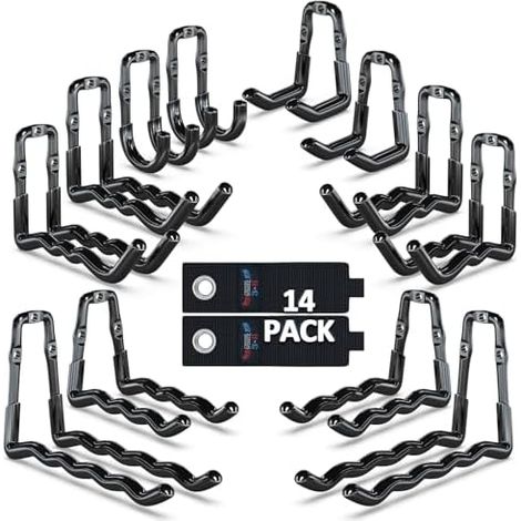 Lot de 14 Crochet Mural Garage Multi-Tailles, Monobloc en Acier Renforcé,Charge 40kg, Rangement Outils pour Vélos, Echelle, Pelles. Noir 2-MJ (1/5)