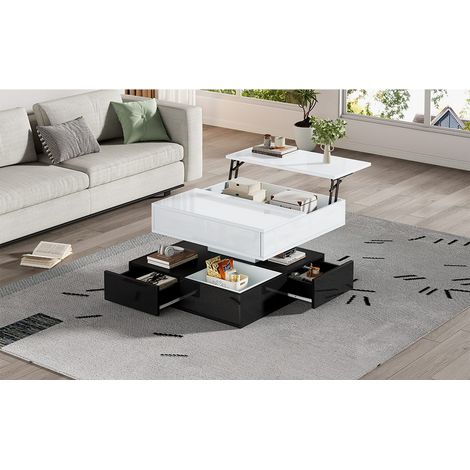 Table basse 70x70 cm plateau rotatif 360°, double niveau, 3 tiroirs, design blanc et noir brillant (1/5)