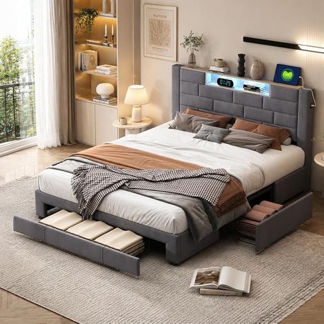 Lit double capitonné en velours, avec 3 tiroirs et éclairage LED, espace de rangement fonctionnel avec tête de lit confortable,Gris-160 x 200 cm (1/5)
