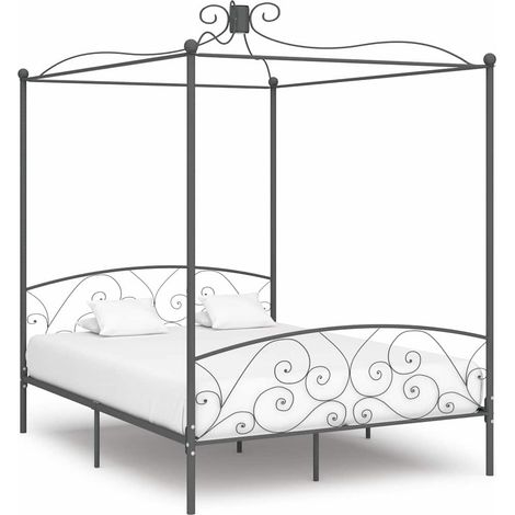 Lit double pour adulte à baldaquin - Cadre de lit Gris Métal 160 x 200 cm BV829196 - BonneVie (1/5)