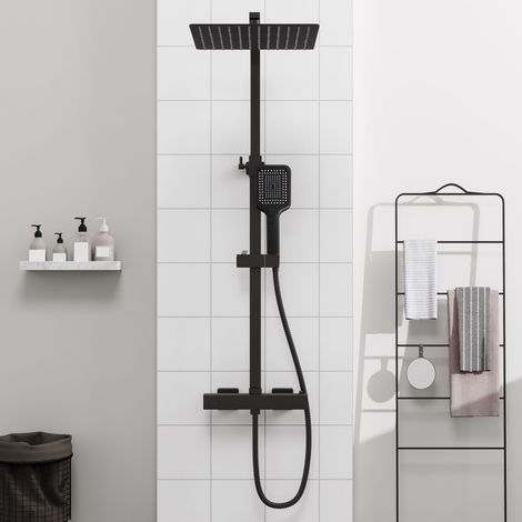 OCEAN Colonne de douche thermostatique, ensemble de douche 30 x 30 cm, douchette à main 3 pulvérisations, kit de douche réglable en hauteur pour salle de bains, noir