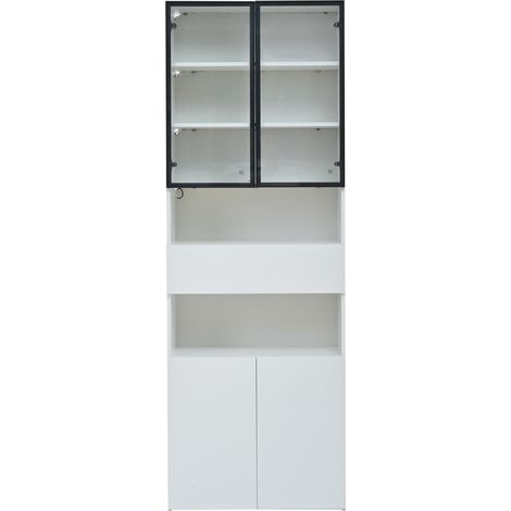Vitrine blanche 70x30x200 cm avec portes en verre, LED contrôlables, tiroir et espaces de rangement ouverts (1/5)