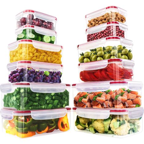 24 pièces de boîtes alimentaires hermétiques en plastique sans BPA avec couvercles,boîtes lunch,ensemble empilable pour la préparation des repas et les voyages,Rouge (12 boîtes,2 couvercles) (1/5)