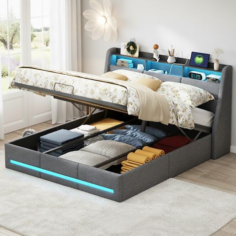 Lit coffre 160x200 cm, avec éclairage LED intégré et port de charge USB, sommier à lattes, tête de lit rangement, lin, design moderne, Gris (1/5)