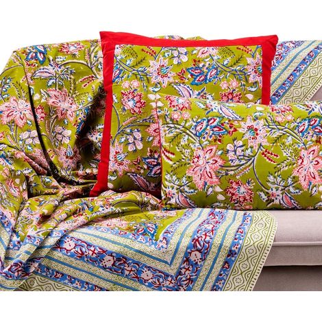 Jeté de canapé en coton, motif naturel jaune bleu Polignano