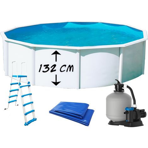 Piscine hors sol ronde 3.50m – Hauteur 1.32m – Parois acier laquées blanches – Filtration à sable 6m3/h – Échelle de sécurité incluse – TOI