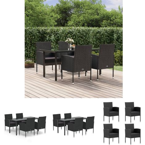 Gartenesszimmer - vidaXL 5-tlg. Garten-Essgruppe mit Kissen Schwarz Poly Rattan - Gartenstuhl (1/5)