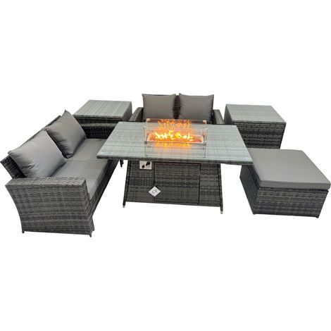 Fimous Outdoor Love Sofa Set 5 Seat Rattan Garden Furniture Set with Gas Firpit Dining Table Big Footstool 2 Side Table Dark Grey Mixed (1/5)