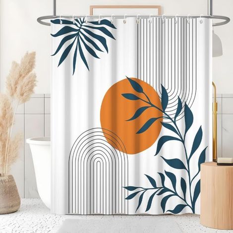 Rideau Douche Anti Moisissure, Rideau de Douche 180x180cm Abstrait Soleil Terracotta Feuilles Bleu Rideaux de Baignoire Tissu Lavable Imperméable Rideaux Salle de Bain avec 12 Crochets (1/5)