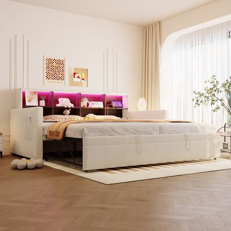 Canapé-lit 90x190 velours beige, tête rangement intégrée, LED USB, lit gigogne multifonction (1/5)