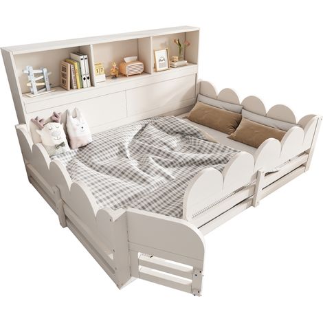 Lit bois blanc 140x190 cm avec barrière de sécurité, sommier à lattes, rangement et porte, couchage spacieux pour deux enfants, coin nuit et jeu sécurisé (sans matelas) (1/5)