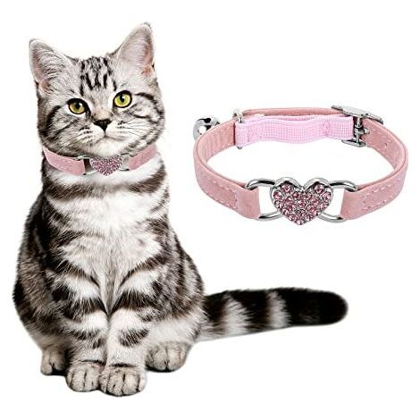 Herzförmiges Katzenhalsband mit Glöckchen, verstellbare Kittenhalsbänder mit Sicherheitsgurt, Strass-Halsband für kleine Katzen und Hunde (rosa) (1/5)