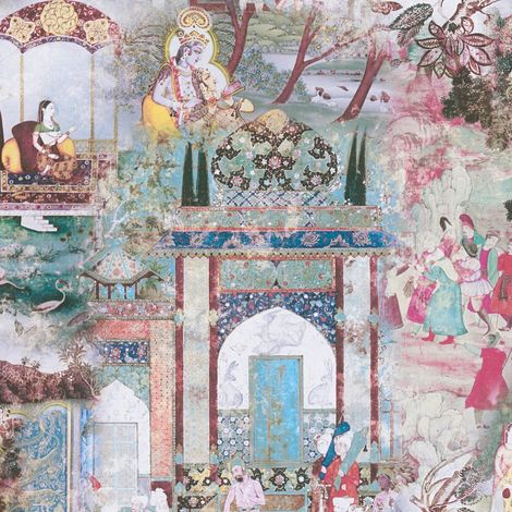 Asia Tapete Profhome 381743 glatte Vliestapete ohne Struktur mit architektonischen Motiven matt blau rosa grün gelb 5,33 m2