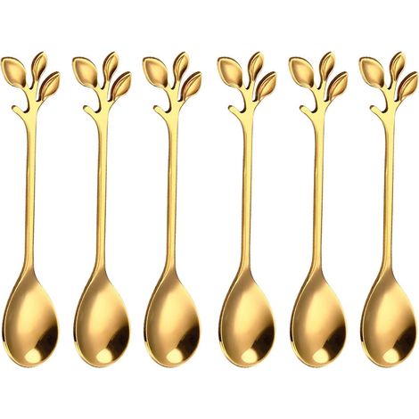 Lot de 6 cuillères à dessert dorées avec motif feuille – Cuillères de luxe en acier inoxydable pour glaces, café et thé (1/5)