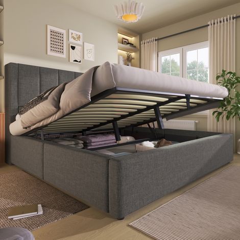 Cama con espacio de almacenamiento tapizada en lino gris 180x200 cm, con somier de láminas, cargador USB y portavasos (1/5)