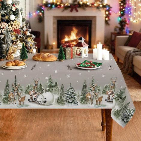 Weihnachts-Tischdecke abwaschbar 136x248cm grau mit Weihnachtsmotiv