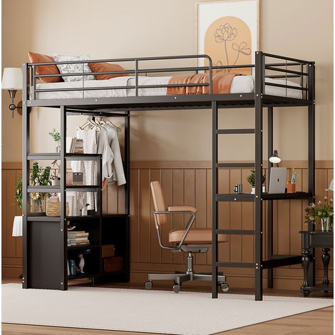 Cama alta juvenil con escritorio USB y almacenaje negra OKMYHOME (1/5)