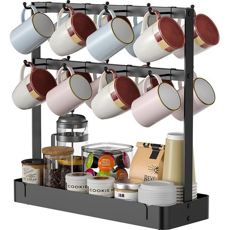 Porte-tasses à café avec crochets mobiles, support en métal pour comptoir, 16 capacités, 2 niveaux de rangement pour dosettes de café, sachets (1/5)