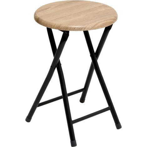 Tabouret pliant – Effet bois naturel – Diamètre 30 x hauteur 46,5 cm – Léger et pratique – Idéal pour petits espaces (1/5)