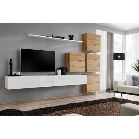 Ensemble mural - Switch IX - 4 vitrines carrées - 2 bancs TV - 1 étagère - Bois et blanc - Modèle 2 - Livraison gratuite