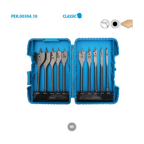 Leman – Coffret de 10 mèches à bois plates queue 6 pans – Acier WS – Pointe de centrage et coupes dégageuses – Pour bois dur