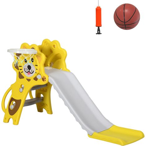 Toboggan pour enfants de 18 à 36 mois avec 2 échelles, 1 panier de basket et motif lion, 131 x 50 x 74 cm, jaune et gris (1/5)