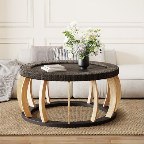 Mesa de centro fija 90x90x43 cm de madera y DMF negra y marrón, ahorra espacio, FloraGrace (1/5)