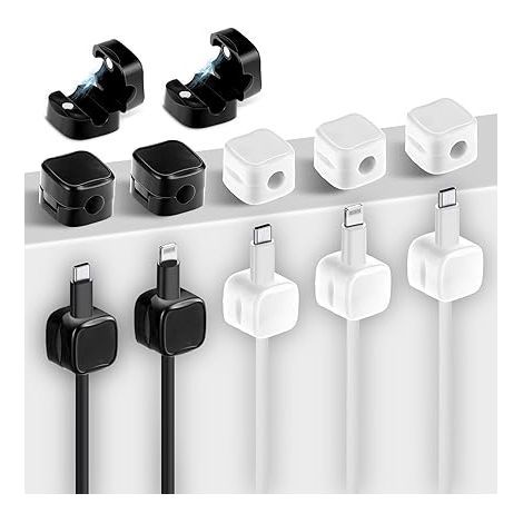 Lot de 12 Clips Magnétiques Réglables pour Rangement de Câbles sous Le Bureau Support de Cordon Adhésif pour Table de Chevet Mur Voiture Bureau（Noir + Blanc） (1/5)