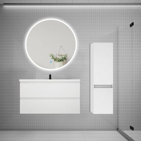 Ensemble meuble vasque L.99cm 2 tiroirs + lavabo + LED miroir rond 100cm + colonne A,blanc (1/5)
