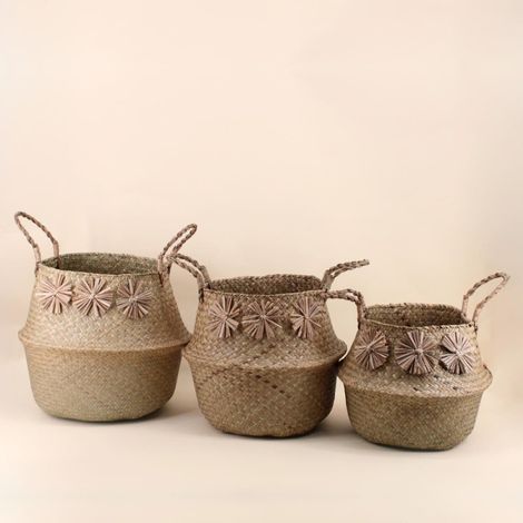 Set de 3 paniers en fibres naturelles avec pompons (1/5)