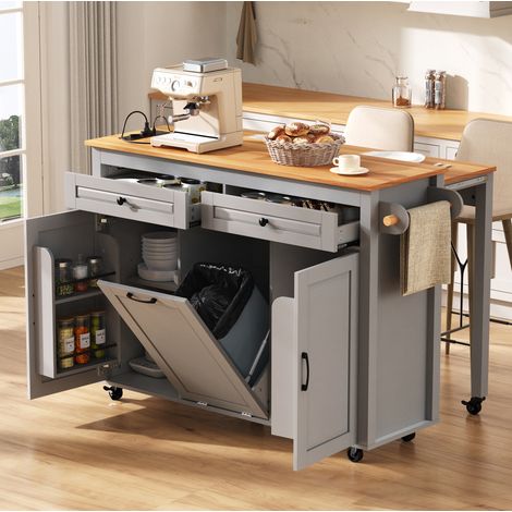 Isola cucina 120/40-75/92 cm grigia con piano estraibile, prese integrate e vano pattumiera (1/5)
