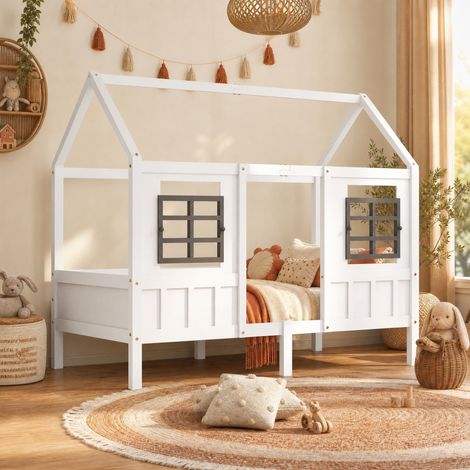 Kinder-Hausbett 200 x 90 cm mit 2 Fenstern, aus Kiefer und MDF, weiß HAVRYA (1/5)